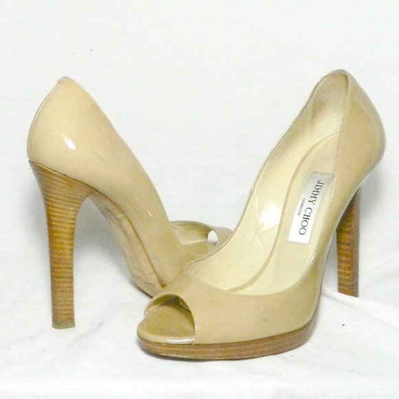 Jimmy Choo Tan Nude Patent Leather Peep Toe EU 39 - Picture 1 of 9